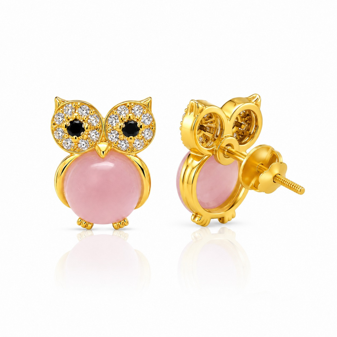 Pink Owl Charm Earrings  (Made With 925 Silver)