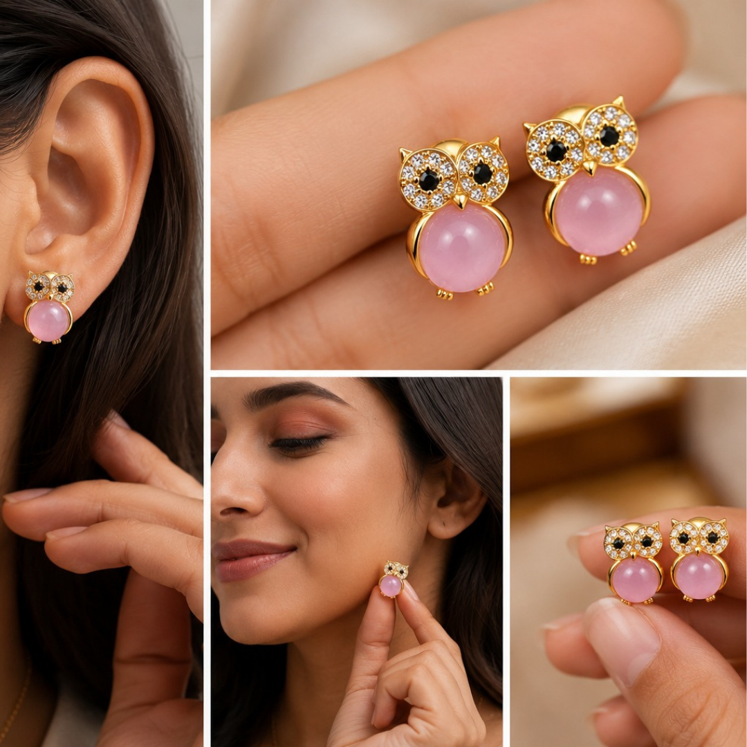 Pink Owl Charm Earrings  (Made With 925 Silver)