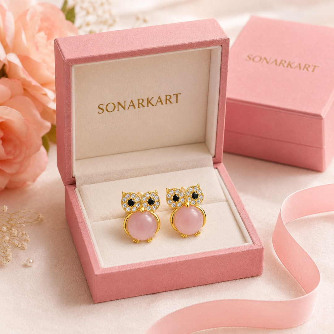 Pink Owl Charm Earrings  (Made With 925 Silver)