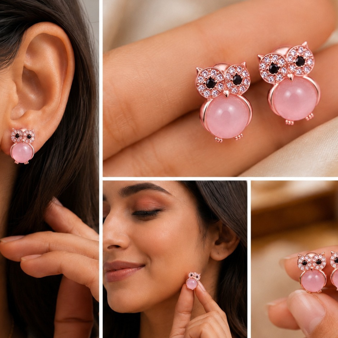 Pink Owl Charm Earrings  (Made With 925 Silver)
