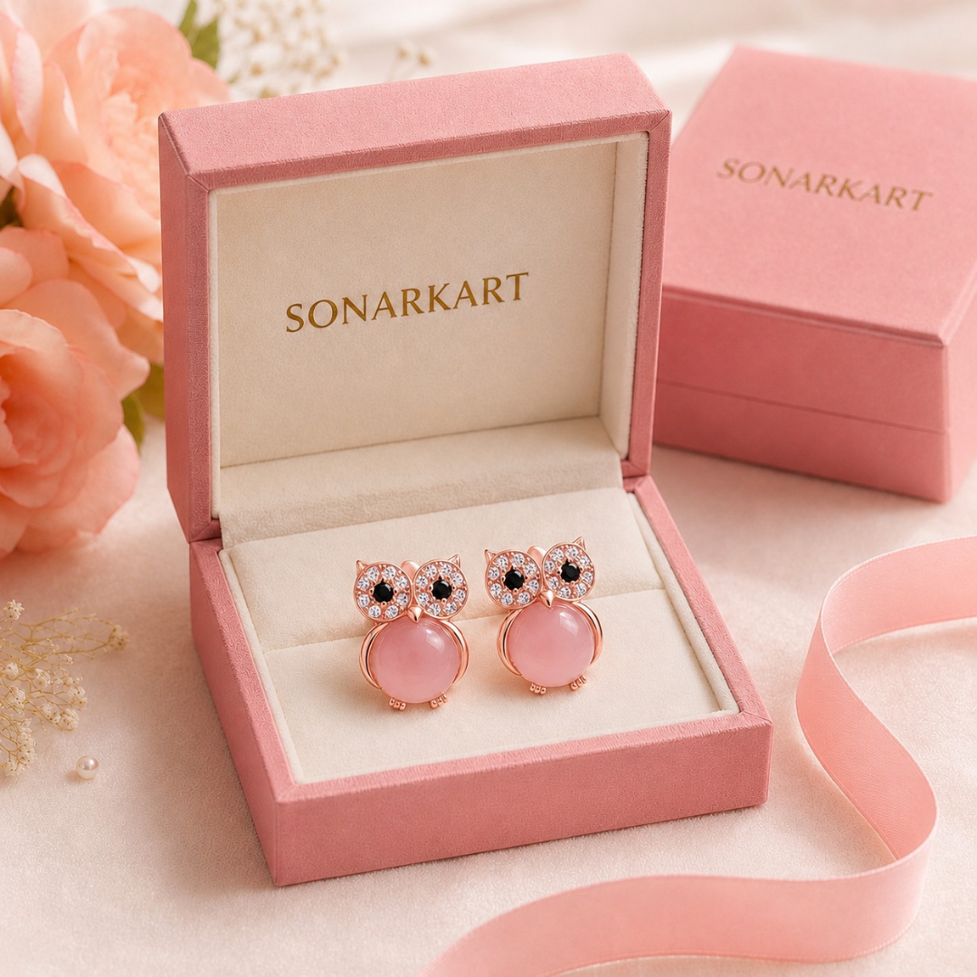 Pink Owl Charm Earrings  (Made With 925 Silver)