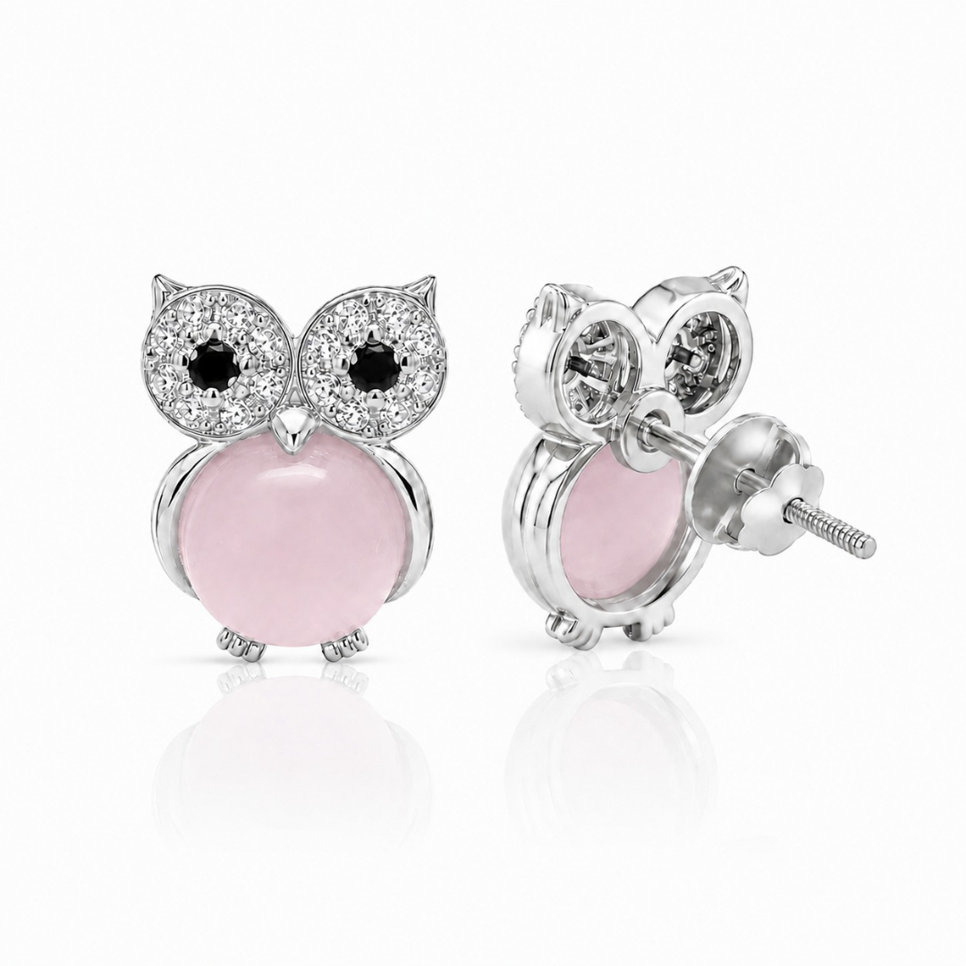 Pink Owl Charm Earrings  (Made With 925 Silver)