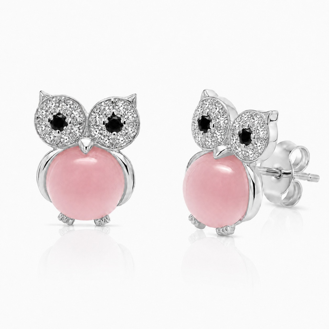 Pink Owl Charm Earrings  (Made With 925 Silver)