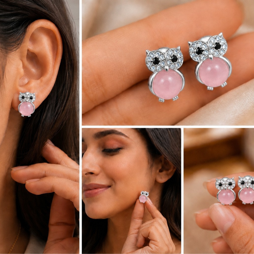Pink Owl Charm Earrings  (Made With 925 Silver)