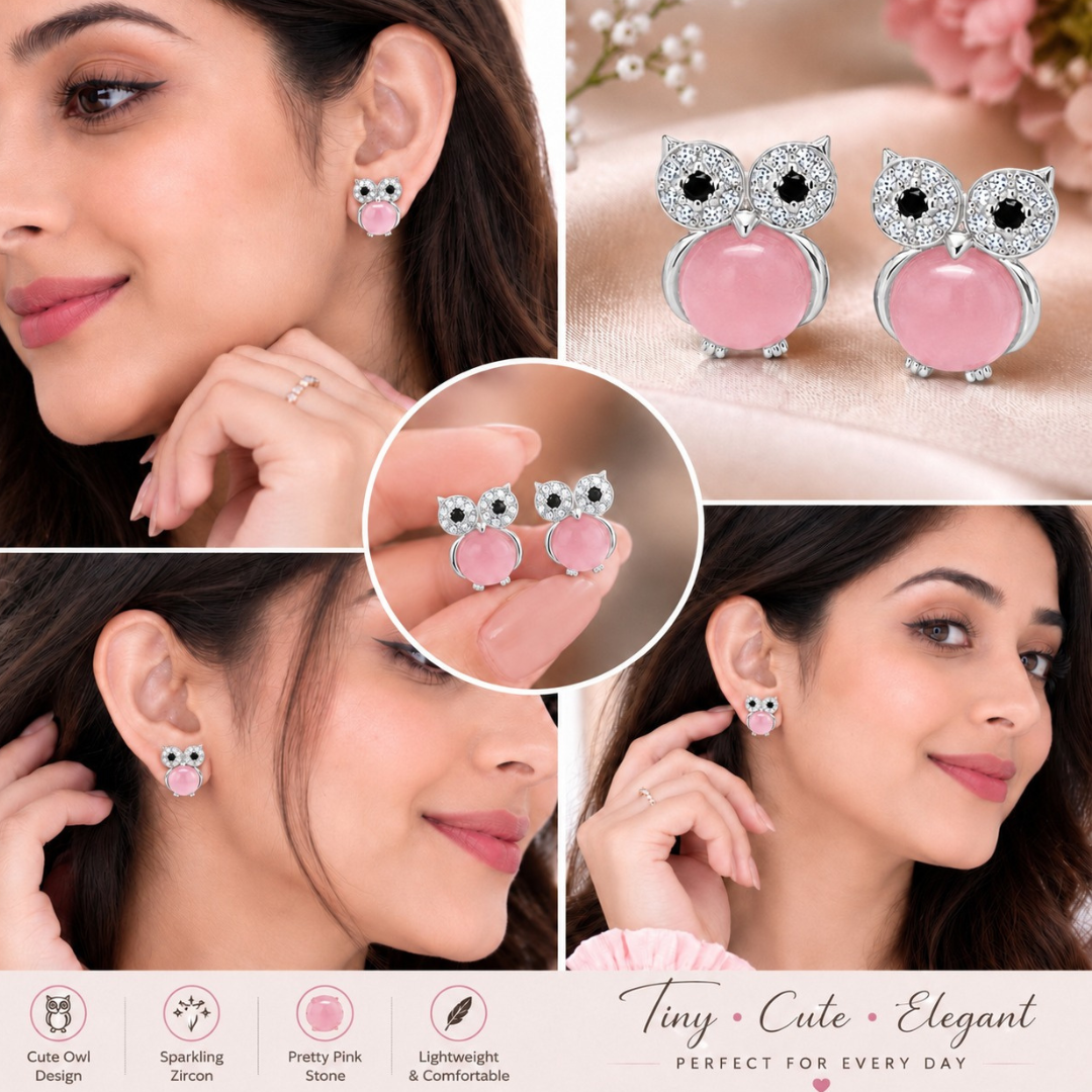 Pink Owl Charm Earrings  (Made With 925 Silver)