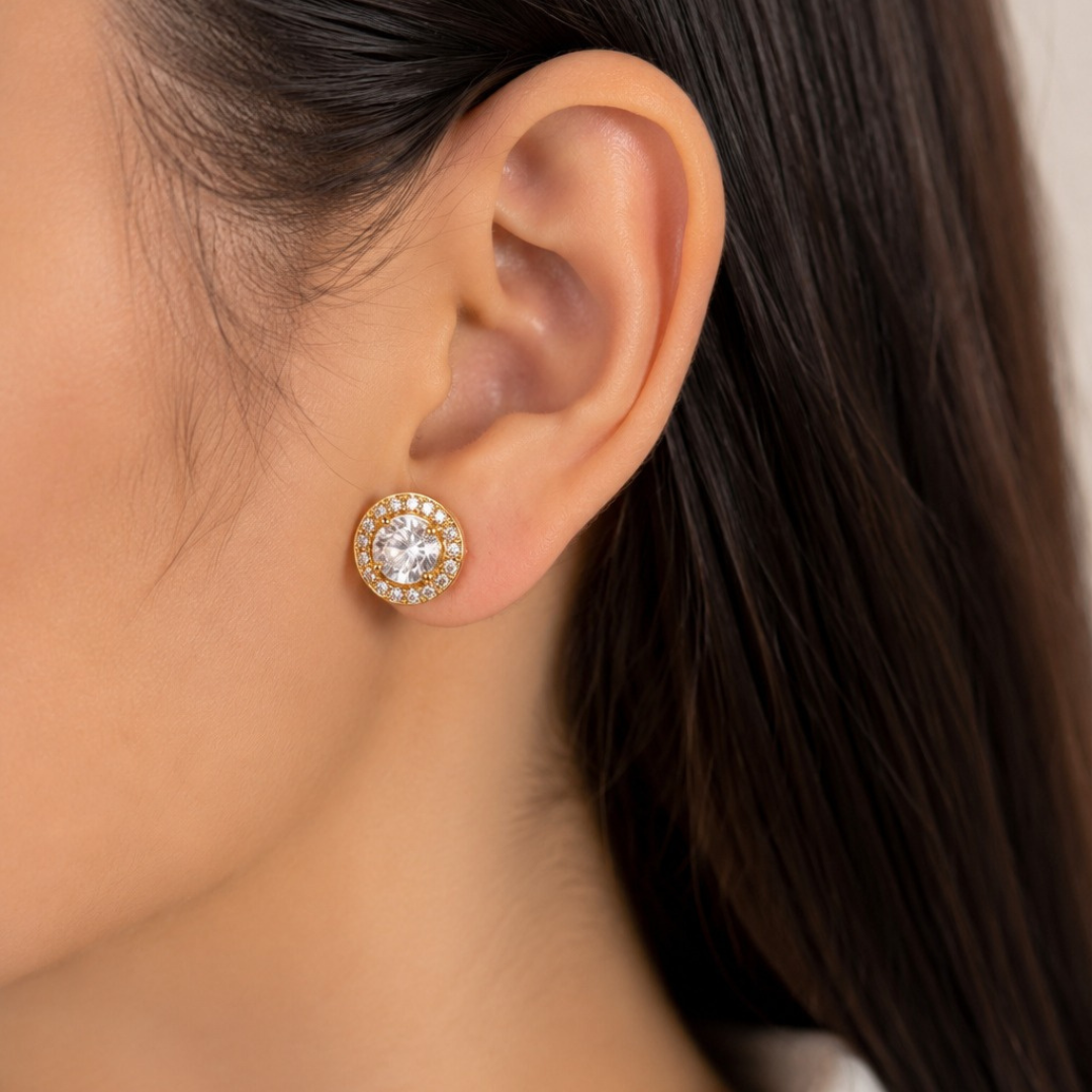 Radiant Halo Round Stud Earrings  (made with 925 silver)