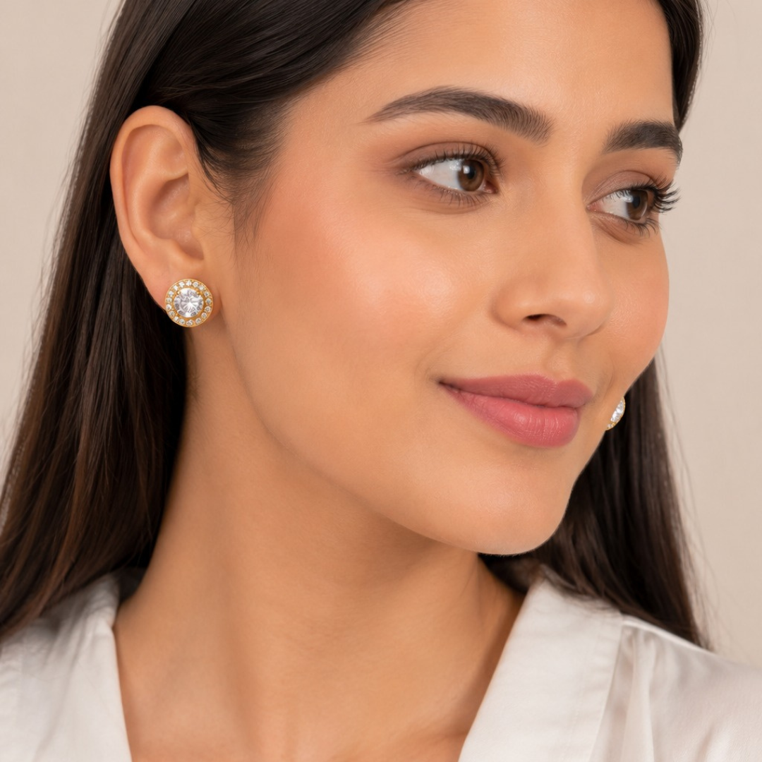 Radiant Halo Round Stud Earrings  (made with 925 silver)