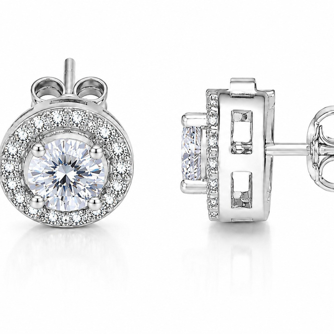 Radiant Halo Round Stud Earrings  (made with 925 silver)