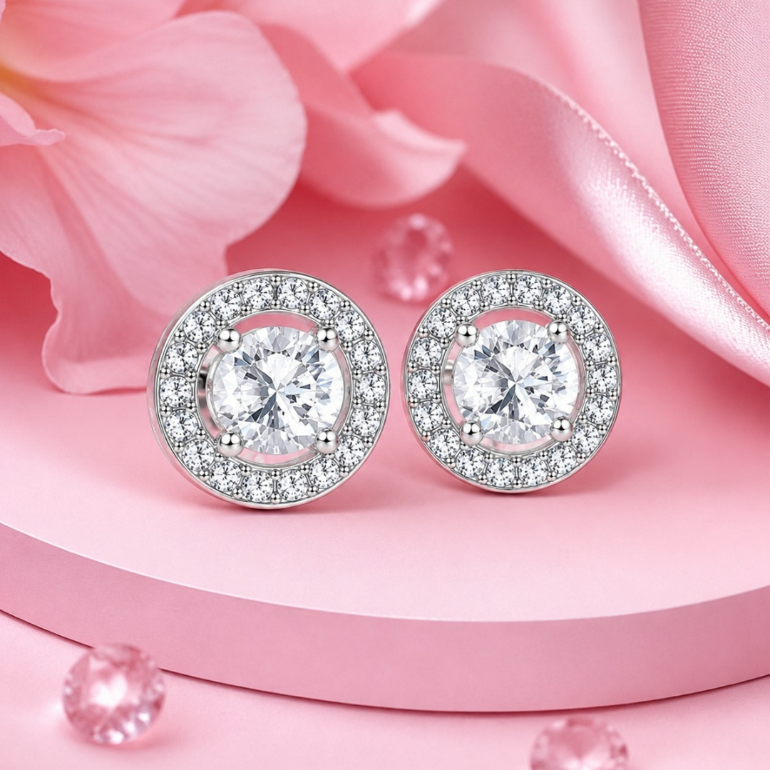 Radiant Halo Round Stud Earrings  (made with 925 silver)