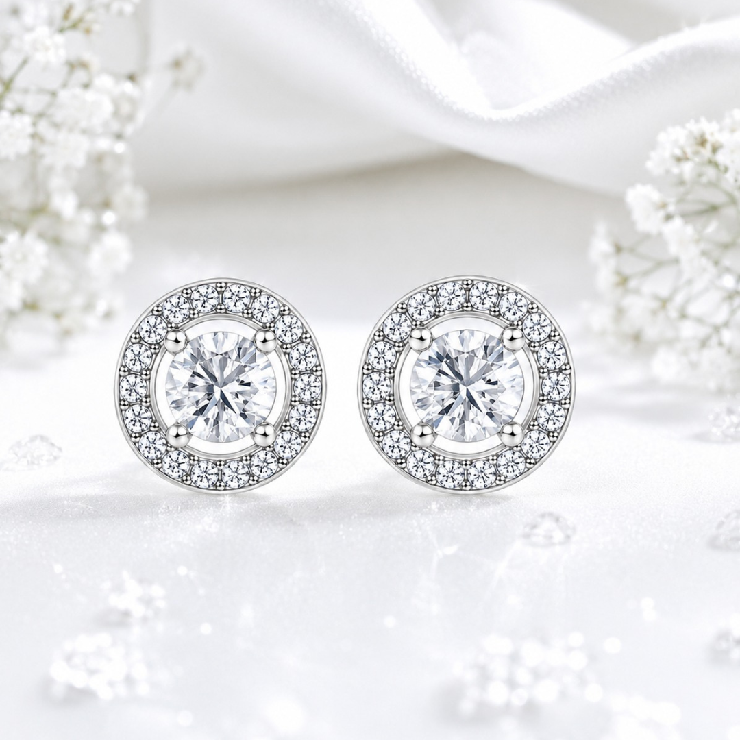 Radiant Halo Round Stud Earrings  (made with 925 silver)