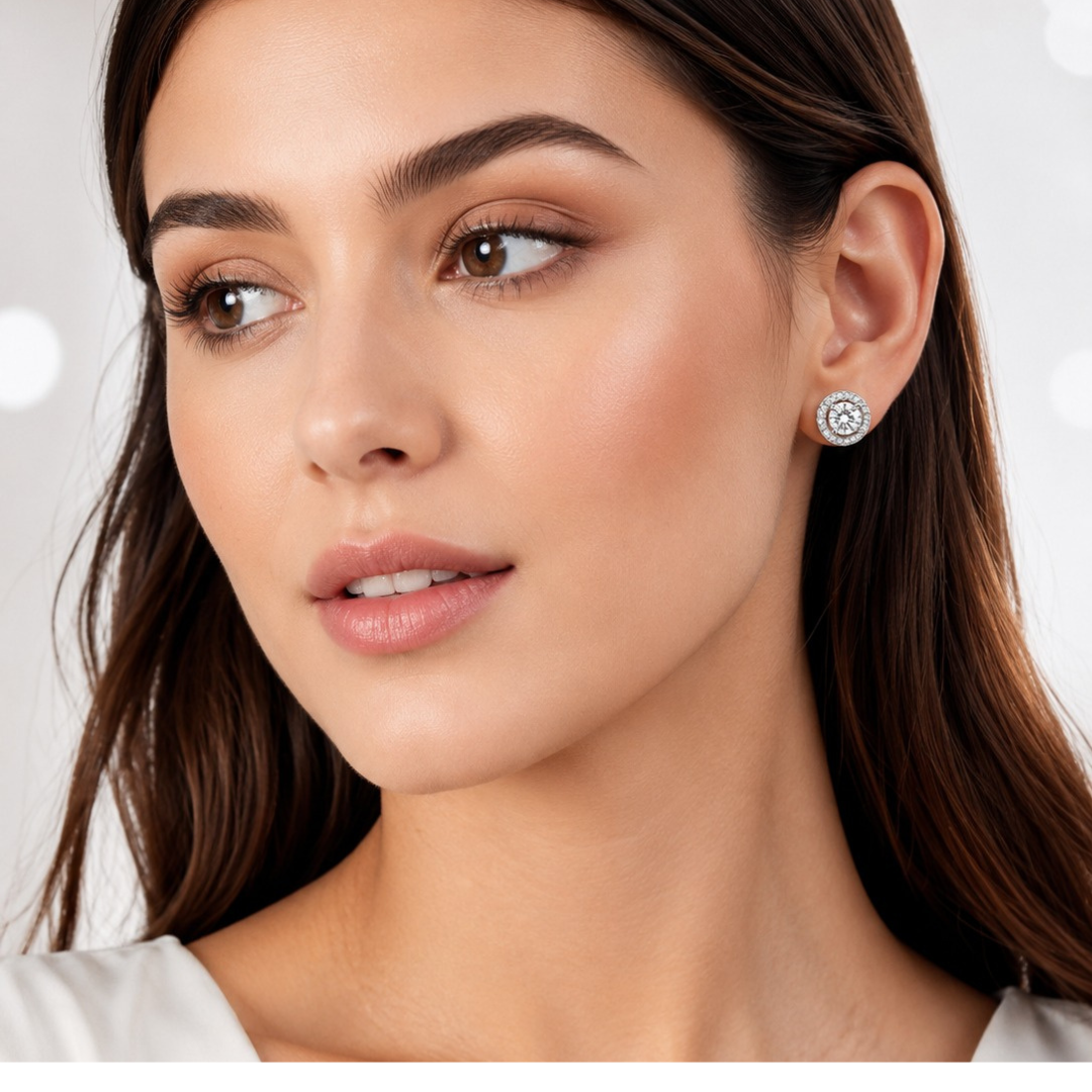 Radiant Halo Round Stud Earrings  (made with 925 silver)