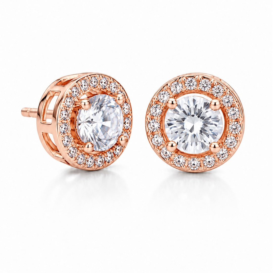 Radiant Halo Round Stud Earrings  (made with 925 silver)