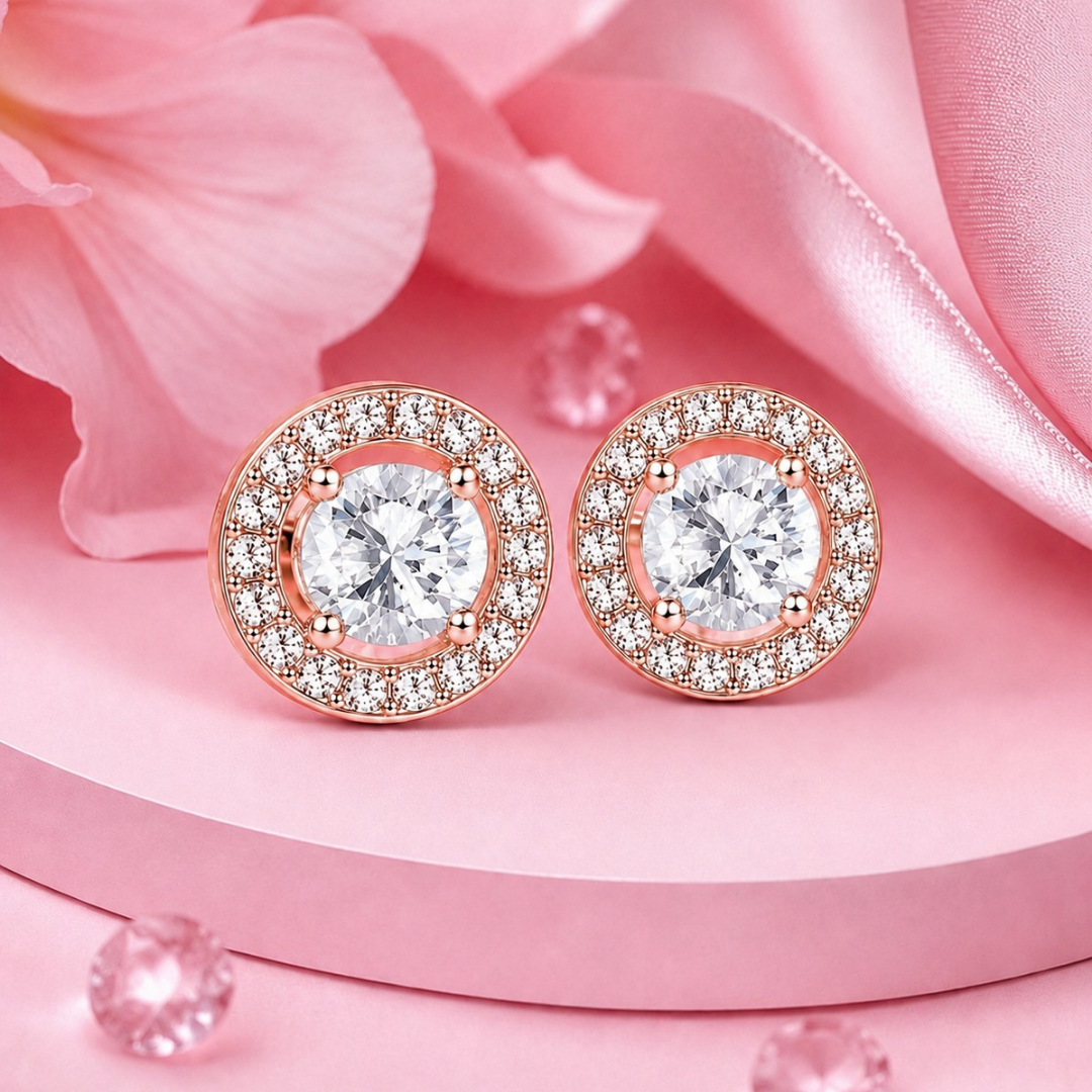 Radiant Halo Round Stud Earrings  (made with 925 silver)