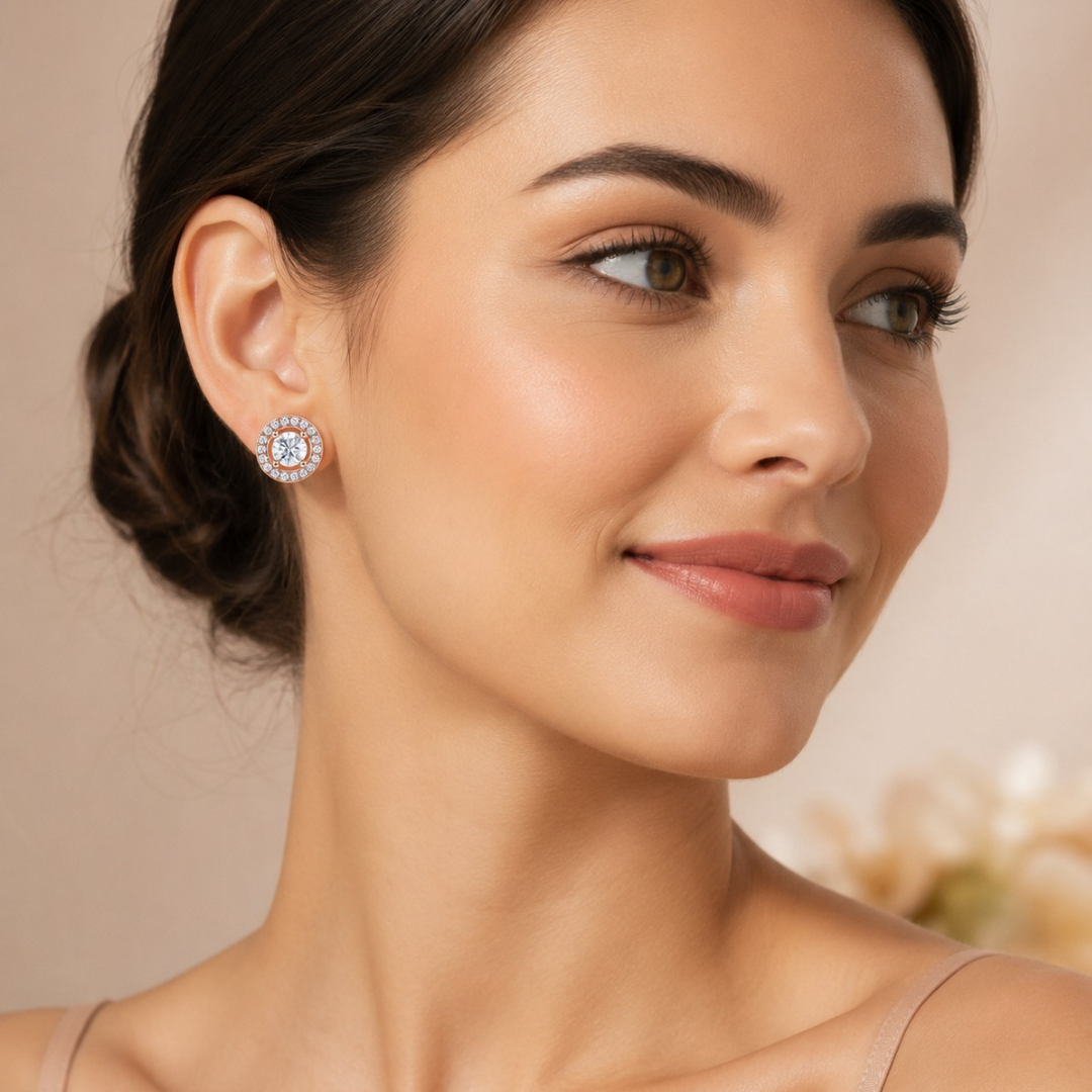 Radiant Halo Round Stud Earrings  (made with 925 silver)