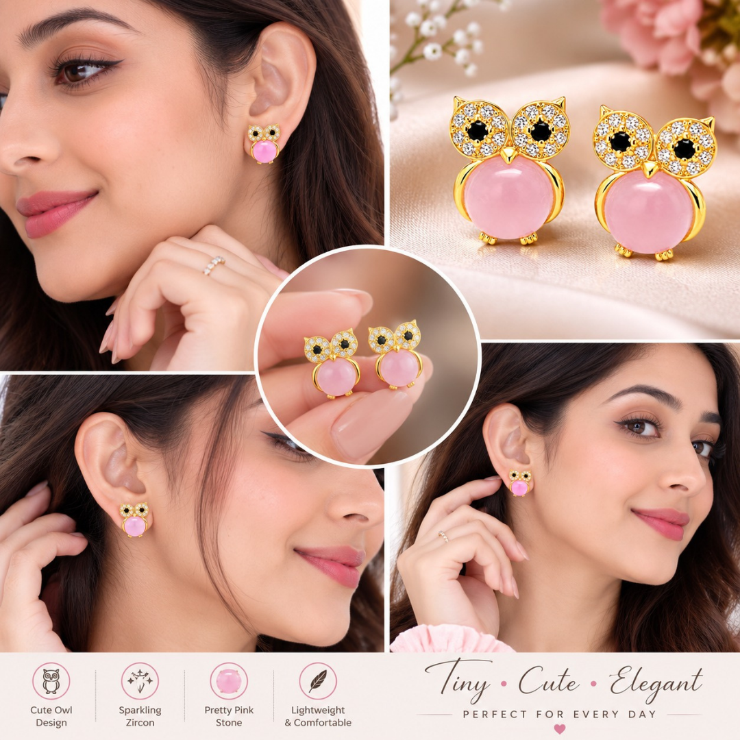 Pink Owl Charm Earrings  (Made With 925 Silver)