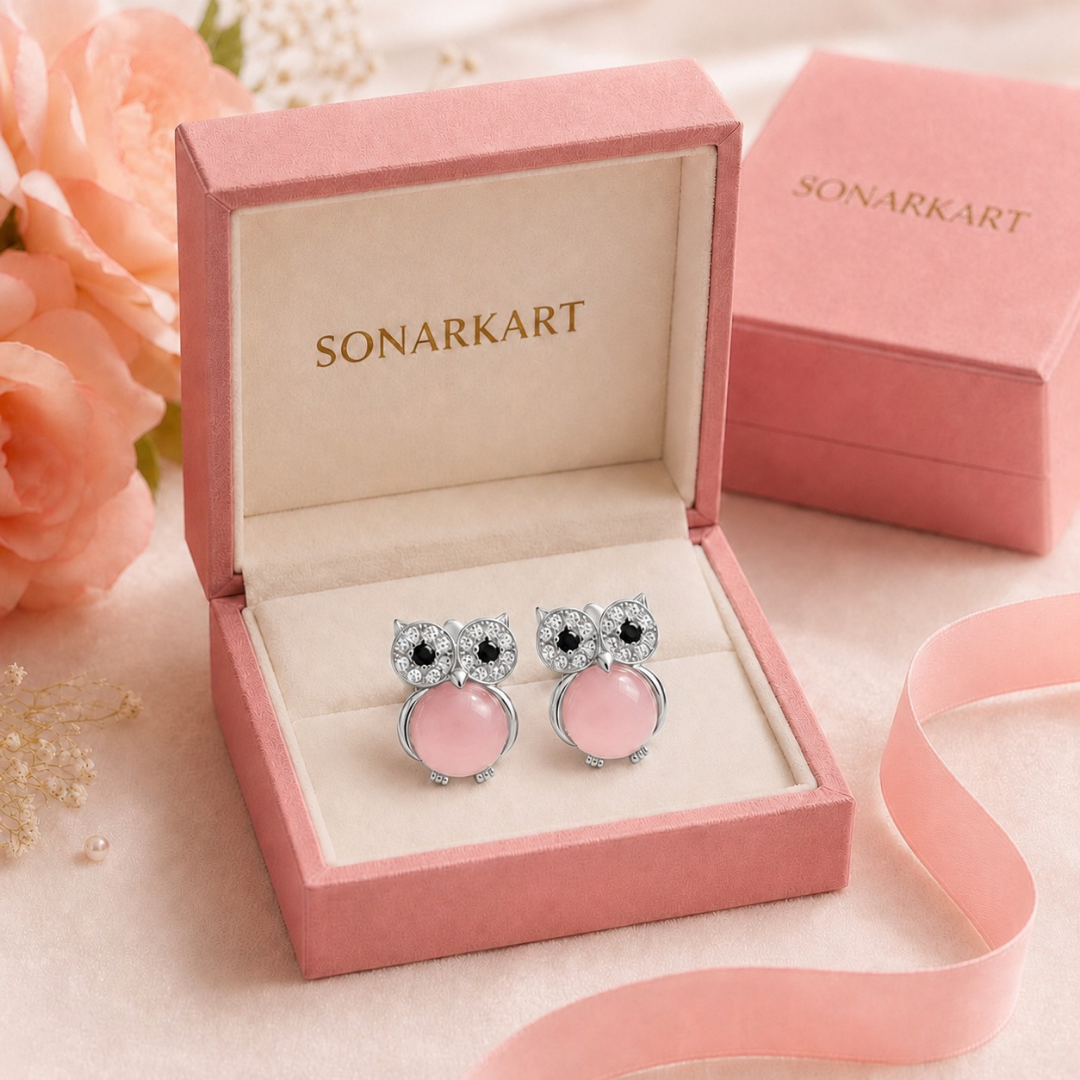 Pink Owl Charm Earrings  (Made With 925 Silver)