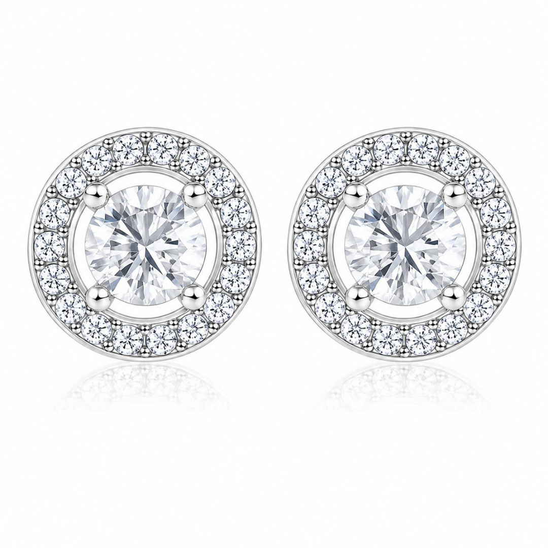 Radiant Halo Round Stud Earrings  (made with 925 silver)