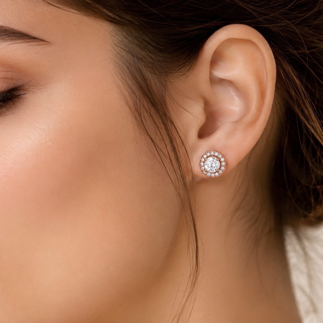 Radiant Halo Round Stud Earrings  (made with 925 silver)
